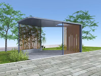 Modern Outdoor Pavilion With Wooden Slats Structure Surrounded By Trees And Grass 3d model
