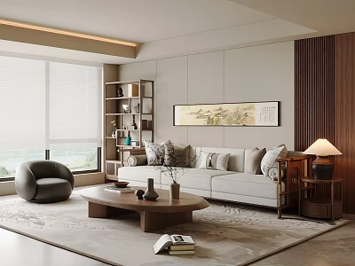 New Chinese Style Living Room Song Style Chinese Style Sofa Solid Wood Coffee Table Antique Rack Sofa Side Table Lamp Decorative Painting Leather Sofa Chair Decorative Decoration Venetian Blinds 3d model
