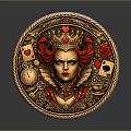Decorative Round Medallion Featuring Queen of Hearts Red Roses Cards Clock and Golden Rope Border