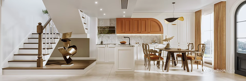 Modern Restaurant Interior Design With Open Concept Island Counter And Dining Table 3d model