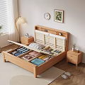 Natural Style Wooden Double Bed With Green Pillows Quilt Nightstand Floor Lamp And Wall Decor