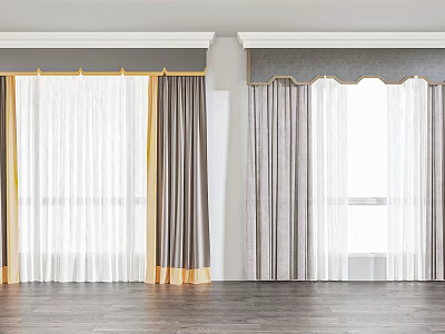 Modern Gray Yellow Window Curtains With Sheer Layers And Scalloped Top Design 3d model