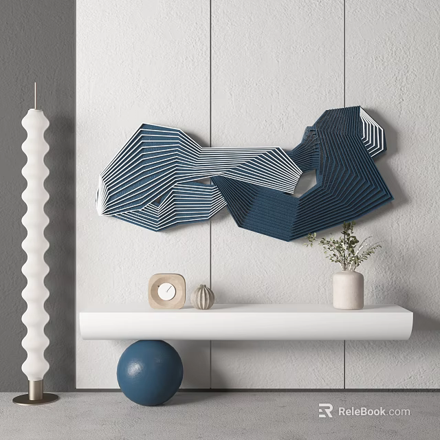 Minimalist Modern Geometric Blue And White Striped Wall Decor On Gray Wall 3d model 