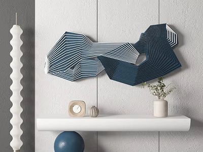 Minimalist Modern Geometric Blue And White Striped Wall Decor On Gray Wall 3d model