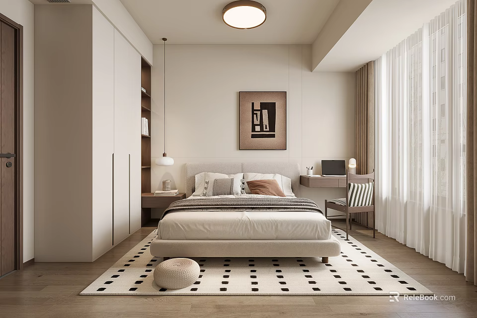 Modern Minimalist Bedroom Interior With Neutral Tones Wooden Floor And Geometric Rug 3d model 