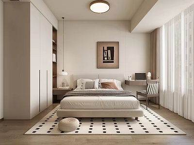Modern Minimalist Bedroom Interior With Neutral Tones Wooden Floor And Geometric Rug 3d model