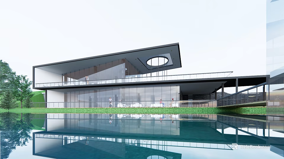 Modern Sales Office Building With Glass Walls Terrace And Water Reflection 3d model 