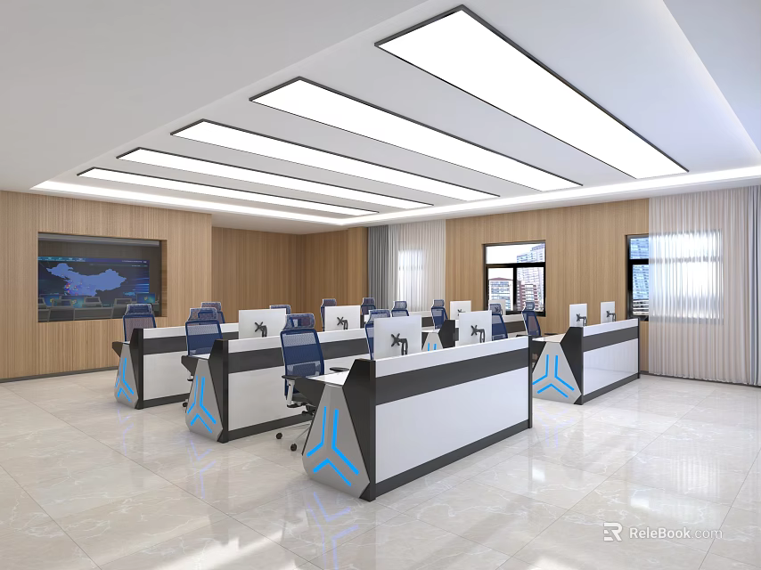 Monitoring Room Interior With Multiple Workstations Computers Large Screen Linear Ceiling Lights And Wooden Walls 3d model 
