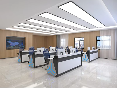 Monitoring Room Interior With Multiple Workstations Computers Large Screen Linear Ceiling Lights And Wooden Walls 3d model