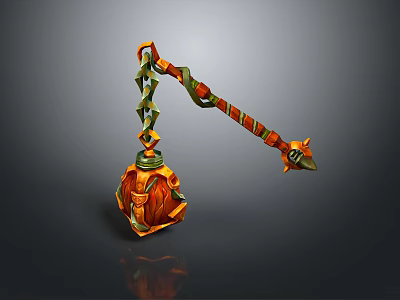 Decorative 3D Weapon With Orange Green Spherical Head And Ornate Staff Intricate Patterns 3d model