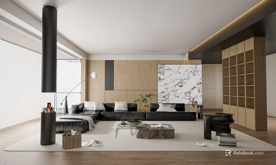 Modern Living Room Interior With Black Sofa Marble Accent Wall Wooden Elements And Floor Lamp 3d model 