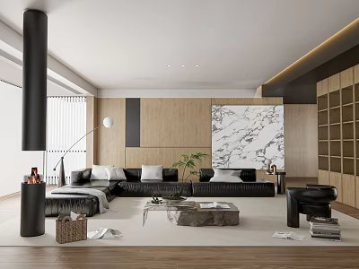 Modern Living Room Interior With Black Sofa Marble Accent Wall Wooden Elements And Floor Lamp 3d model