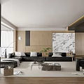 Modern Living Room Interior With Black Sofa Marble Accent Wall Wooden Elements And Floor Lamp