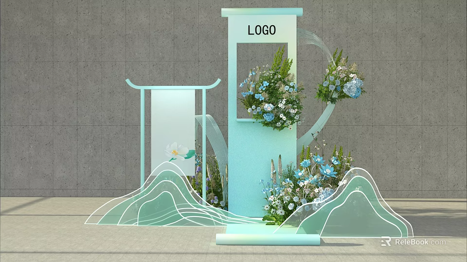 Floral Installation Featuring Blue Pillar White Blue Flowers Mountain Shaped Decor and Curved Elements 3d model