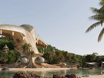 Modern Architectural Structure With Curved Roof Dome Palm Trees And Greenery By Water 3d model