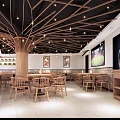 Cozy Restaurant Interior With Wooden Tables Chairs Branch Like Ceiling And Lantern Pendant Lights