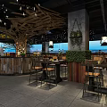 Industrial Style Restaurant Interior With Wooden Ceiling Decor Pendant Lights Bar And Dining Tables