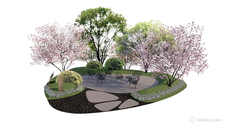 Outdoor Garden Table And Chair Set Surrounded By Cherry Blossom Trees And Green Lawn 3d model 