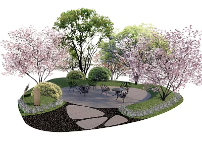 Outdoor Garden Table And Chair Set Surrounded By Cherry Blossom Trees And Green Lawn 3d model