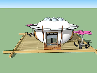 Unique Homestay Building With Dome Roof Wooden Deck And Outdoor Pink Umbrellas 3d model