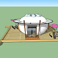 Unique Homestay Building With Dome Roof Wooden Deck And Outdoor Pink Umbrellas