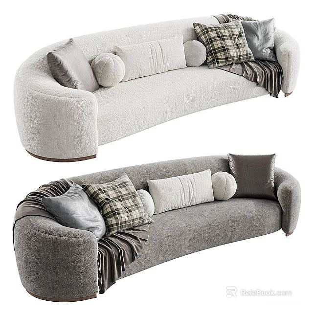 Modern Large Sofa With Multiple Pillows And Blanket In Light And Gray Tones 3d model 
