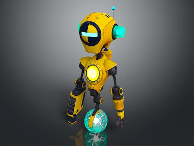 Yellow Robot Game and Movie Character With Black Eyes Green Glowing Parts Blue Transparent Sphere 3d model