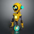 Yellow Robot Game and Movie Character With Black Eyes Green Glowing Parts Blue Transparent Sphere