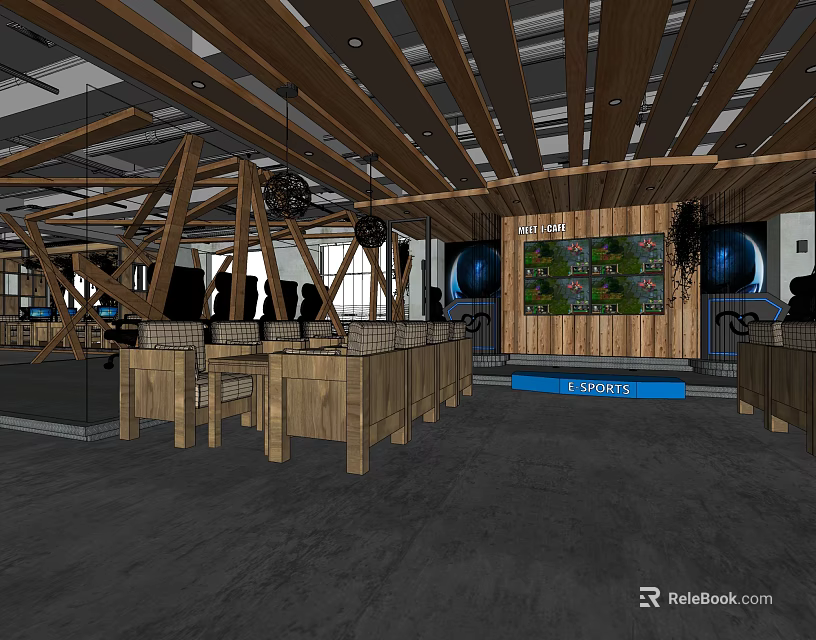 Modern Hotel Public Lounge Area With Wooden Ceiling Beams And E Library 3d model 