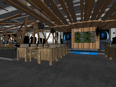Modern Hotel Public Lounge Area With Wooden Ceiling Beams And E Library 3d model