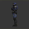 Blue Armored Sci Fi Warrior Game Movie Character With Orange Accents And Full Body Armor