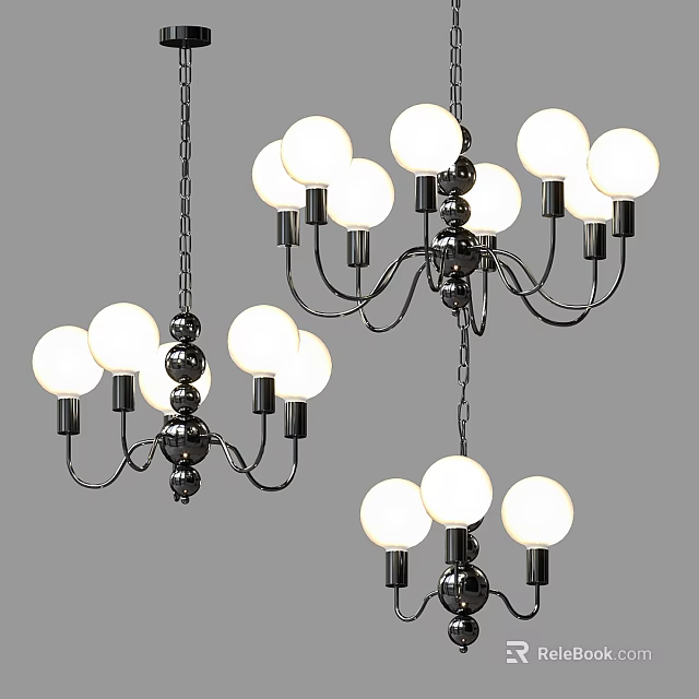 Modern Minimalist Hanging Chandeliers With White Spherical Bulbs Black Metal Frames And Chains 3d model 