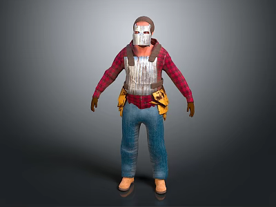 Game Movie Character Wearing White Mask Red Plaid Shirt Silver Armor and Yellow Tool Belt 3d model