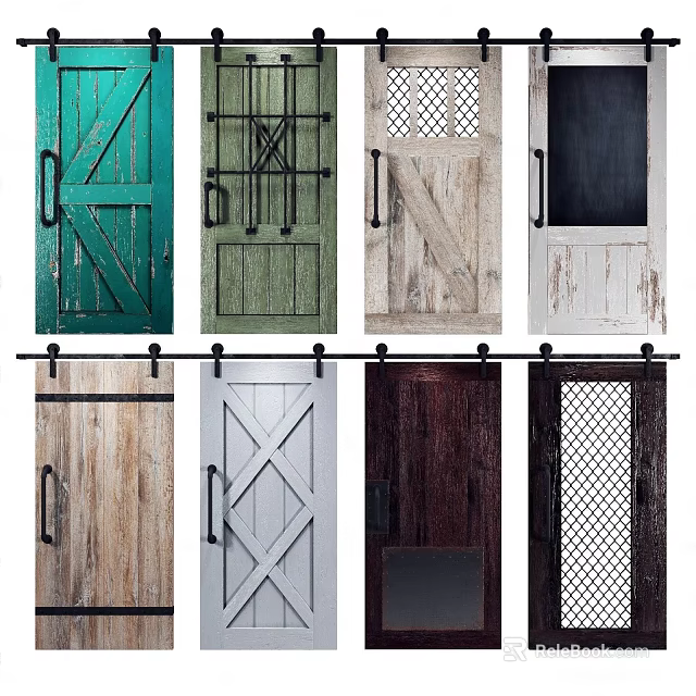 Various Sliding Barn Doors With Rustic Wooden And Modern Metal Mesh Designs In Different Colors 3d model 
