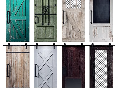 Various Sliding Barn Doors With Rustic Wooden And Modern Metal Mesh Designs In Different Colors 3d model