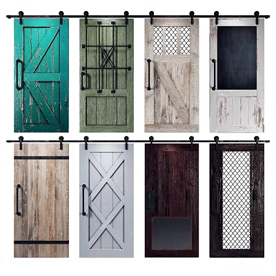 Various Sliding Barn Doors With Rustic Wooden And Modern Metal Mesh Designs In Different Colors 3d model