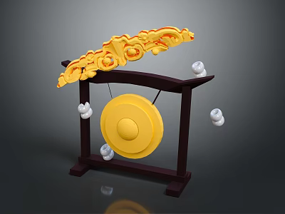 Traditional Musical Equipment With Wooden Stand Yellow Gong Golden Carved Decorations And Hanging White Objects 3d model