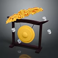 Traditional Musical Equipment With Wooden Stand Yellow Gong Golden Carved Decorations And Hanging White Objects