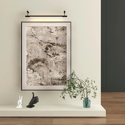 Abstract Painting Hanging On Wall With Green Plant And Decorative Objects In Interior 3d model
