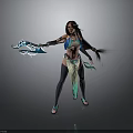 Fantasy 3D Female Character With Blue And White Outfit Twin Ponytails And Decorative Weapon
