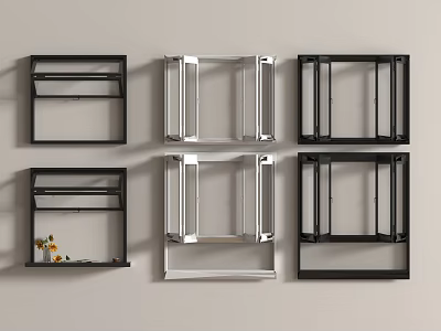 Various Metal Frame Shelves in Black Silver White with Small Potted Plant on Light Wall 3d model