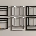 Various Metal Frame Shelves in Black Silver White with Small Potted Plant on Light Wall