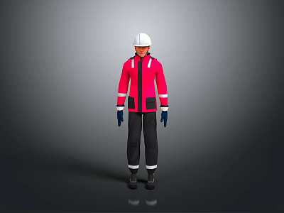 Man Wearing Red Jacket White Hard Hat Black Pants And Blue Gloves 3d model