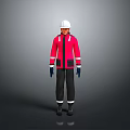 Man Wearing Red Jacket White Hard Hat Black Pants And Blue Gloves
