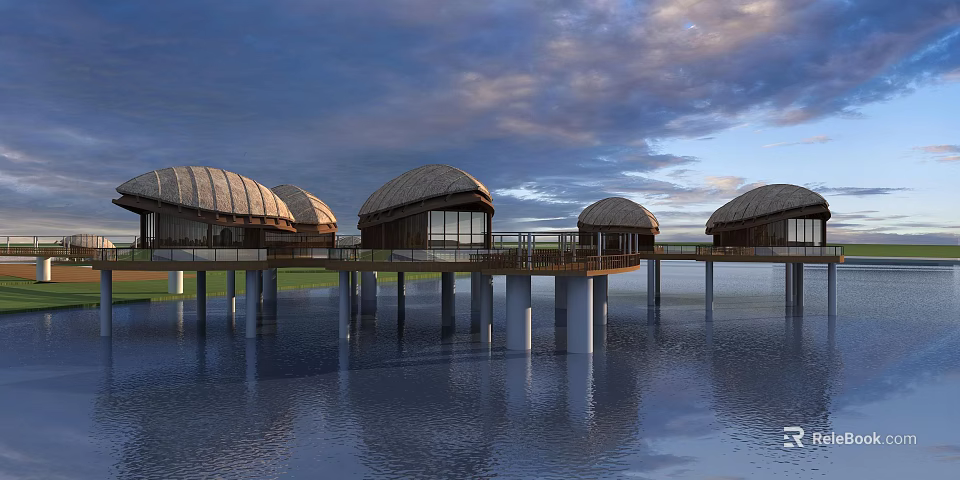 Dome Shaped Wooden Houses Built On Water Platform With Calm Water And Cloudy Sky 3d model 