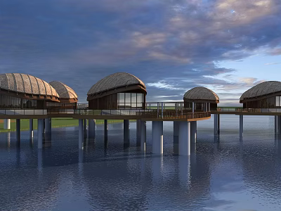 Dome Shaped Wooden Houses Built On Water Platform With Calm Water And Cloudy Sky 3d model