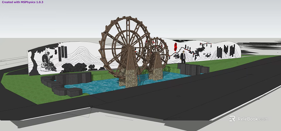 Scenic Wall Design with Wooden Waterwheels Water Pool and Mountain Patterns 3d model 