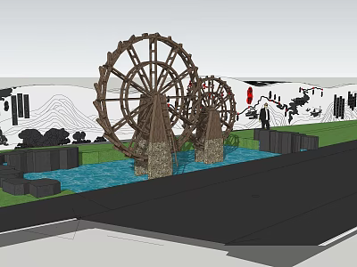 Scenic Wall Design with Wooden Waterwheels Water Pool and Mountain Patterns 3d model