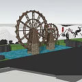 Scenic Wall Design with Wooden Waterwheels Water Pool and Mountain Patterns