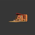 Cartoon Scene of Orange Hut Red Roof Wooden Table Clay Pots Colorful Decorations Hanging Masks